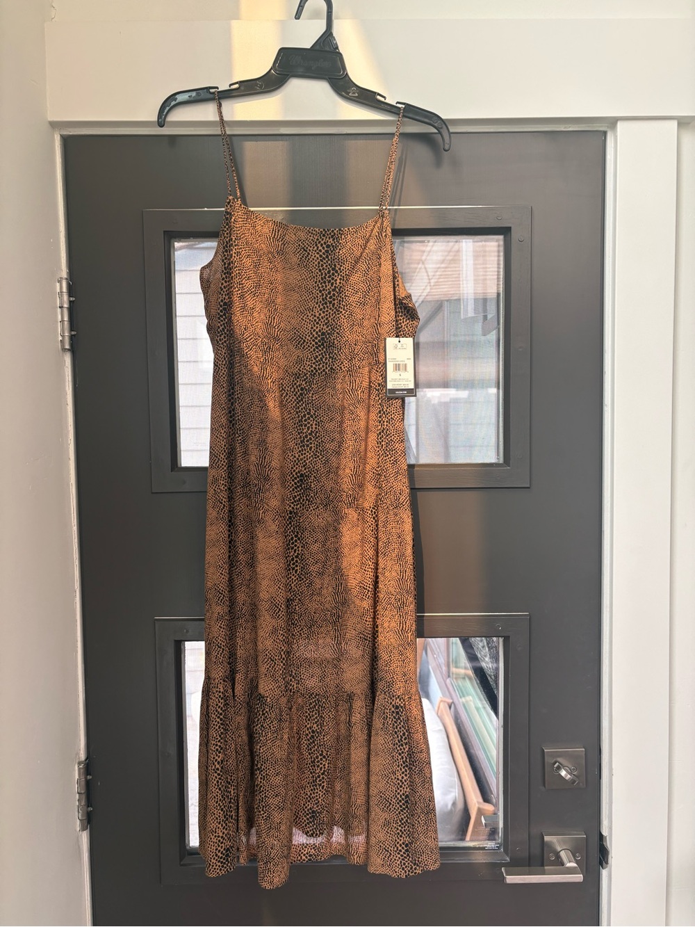 Volcom Brown Animal Print Midi Slip Dress with Ruffle Hem Brand New